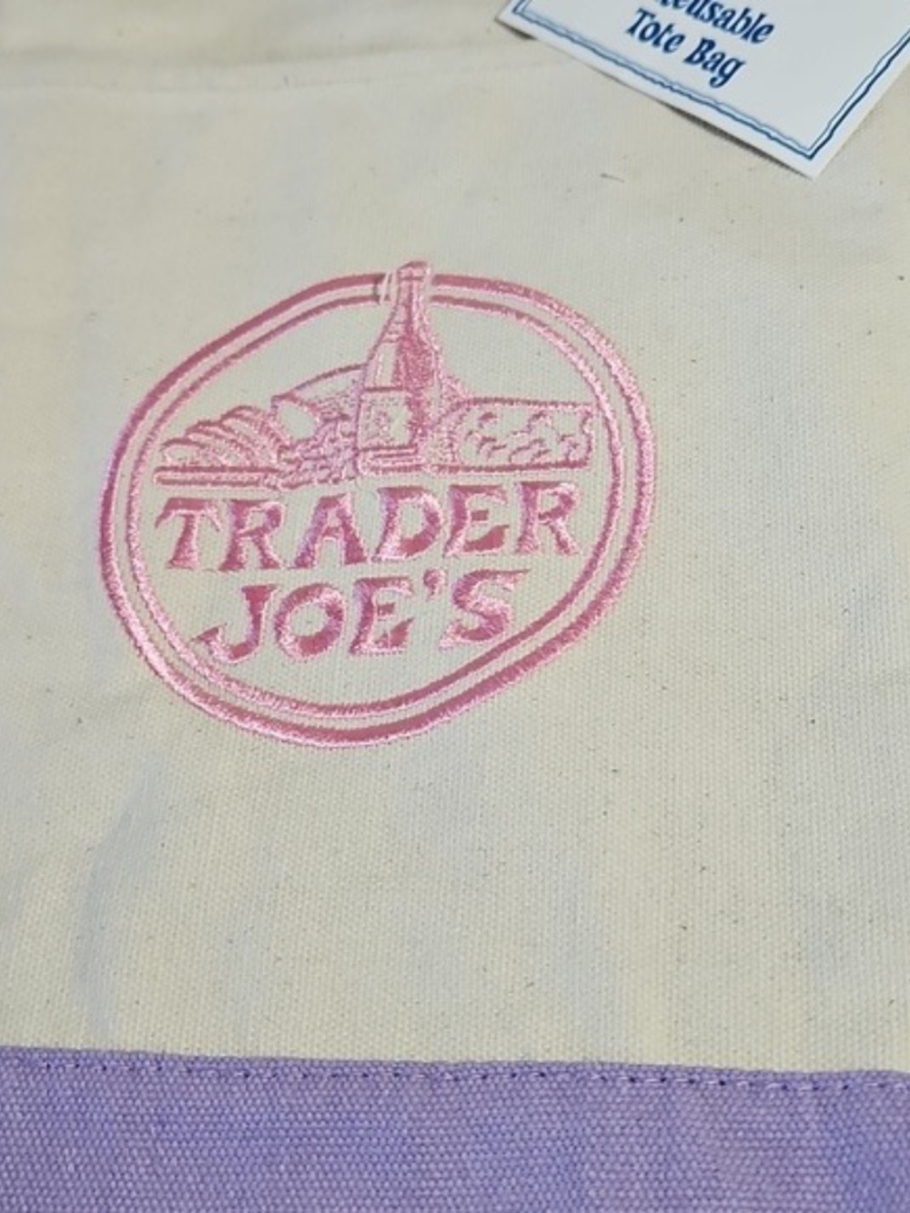 Trader Joe's Cream and Lavender LARGE Canvas Tote Bag NWT. LIMITED EDITION - Picture 2 of 4